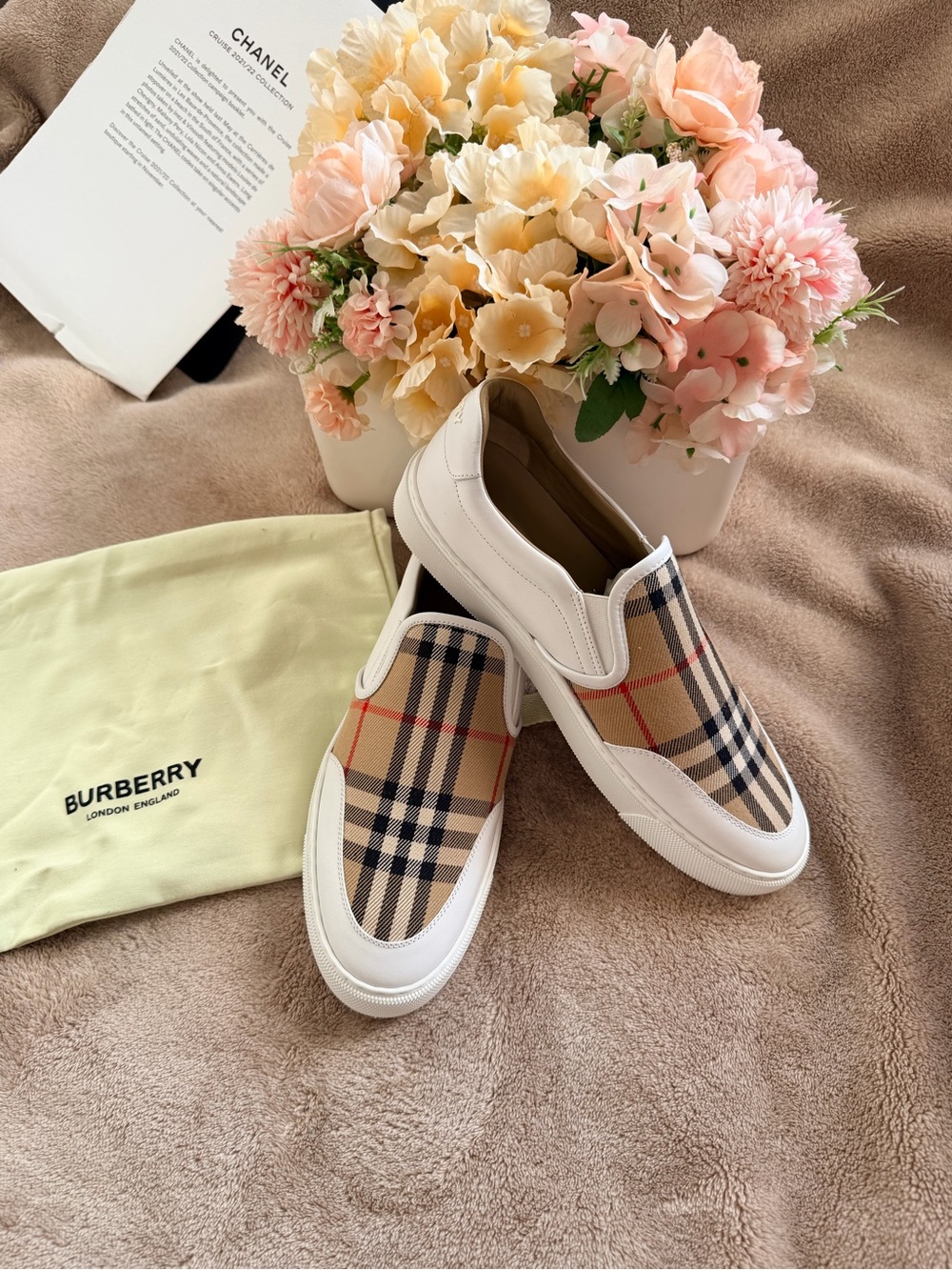 Burberry Tan Plaid Slip-On Sneakers with White Trim